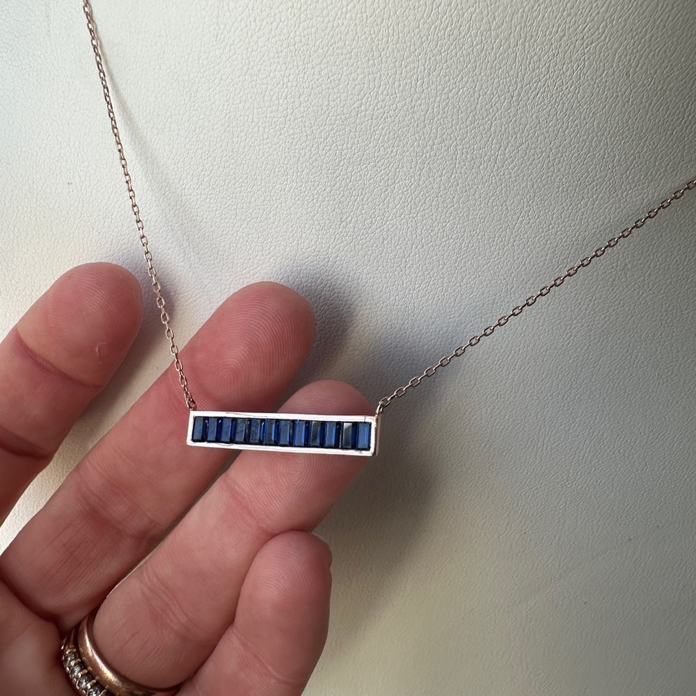 Elegant rose gold late over silver Blue stone Bar Necklace